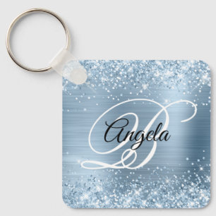 Glittery Light Blue Foil Fancy Monogram Key Ring
