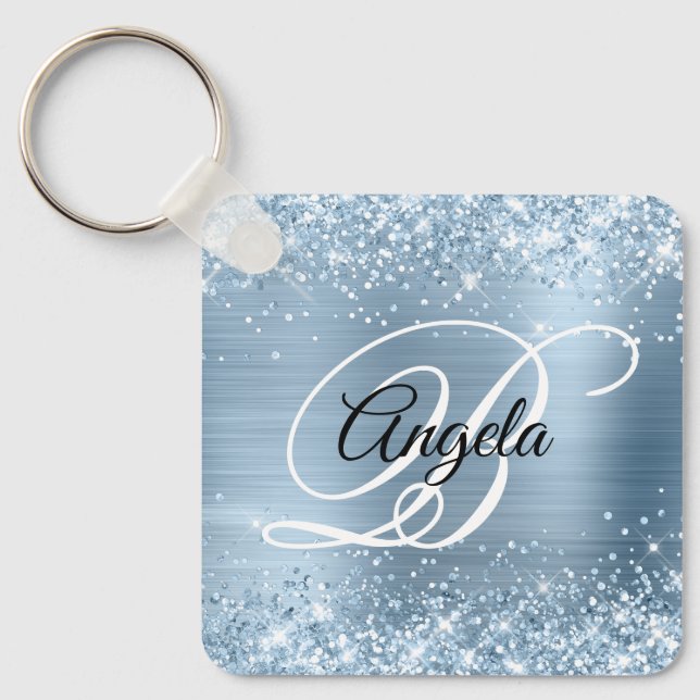 Glittery Light Blue Foil Fancy Monogram Key Ring (Front)