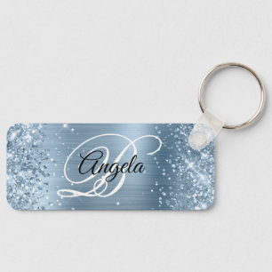 Glittery Light Blue Foil Fancy Monogram Key Ring