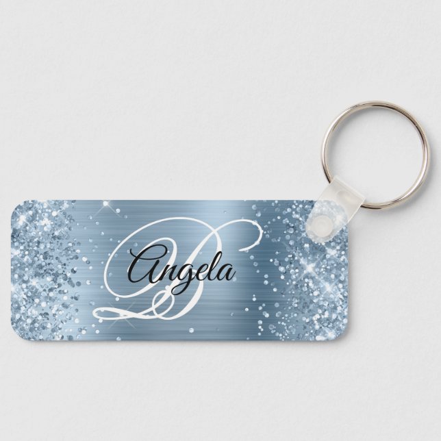 Glittery Light Blue Foil Fancy Monogram Key Ring (Front)