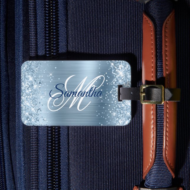 Glittery Light Blue Foil Fancy Monogram Luggage Tag (Front Insitu 4)