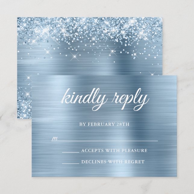 Glittery Light Blue Foil Kindly Reply Wedding RSVP Card (Front/Back)