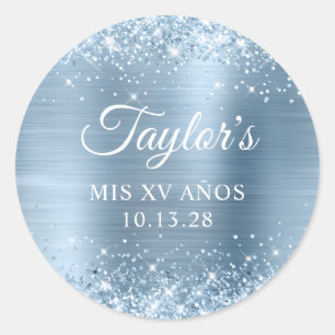 Glittery Light Blue Foil Mis XV Anos Classic Round Sticker