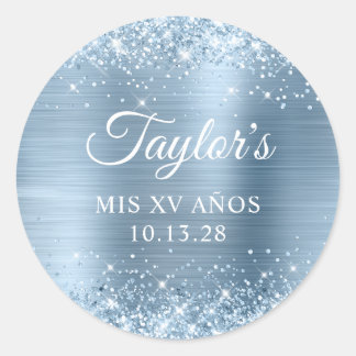 Glittery Light Blue Foil Mis XV Anos Classic Round Sticker