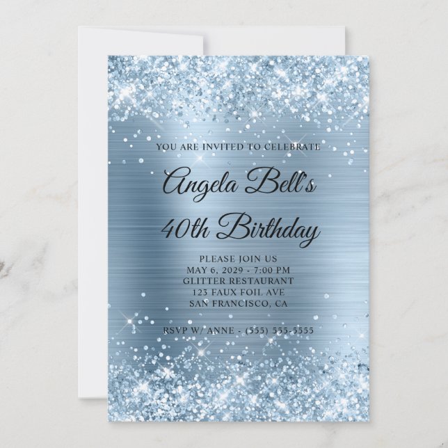 Glittery Light Blue Foil Monogram 40th Birthday Invitation (Front)