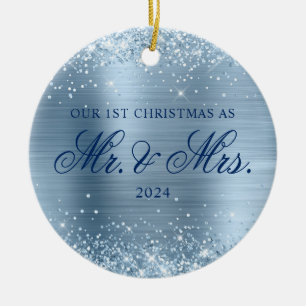 Glittery Light Blue Foil Our 1st Christmas Photo Ceramic Tree Decoration