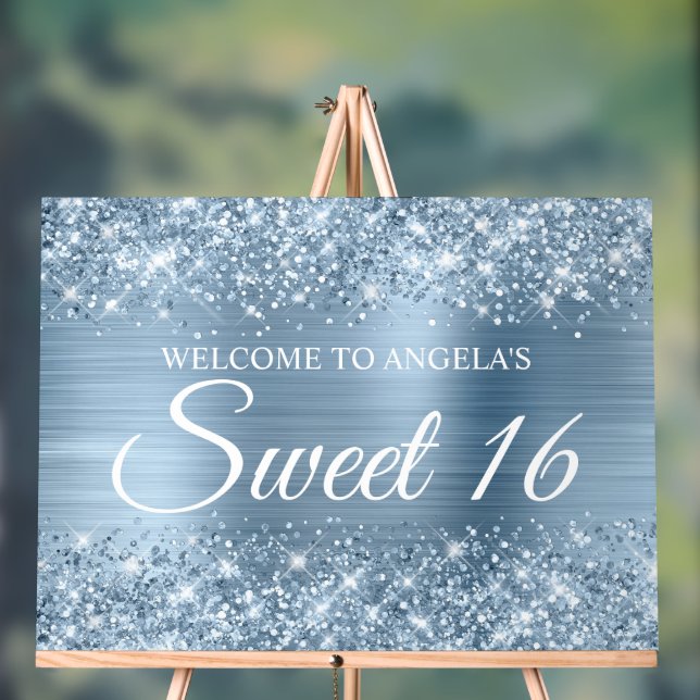 Glittery Light Blue Foil Sweet 16 Acrylic Sign (Neutral)