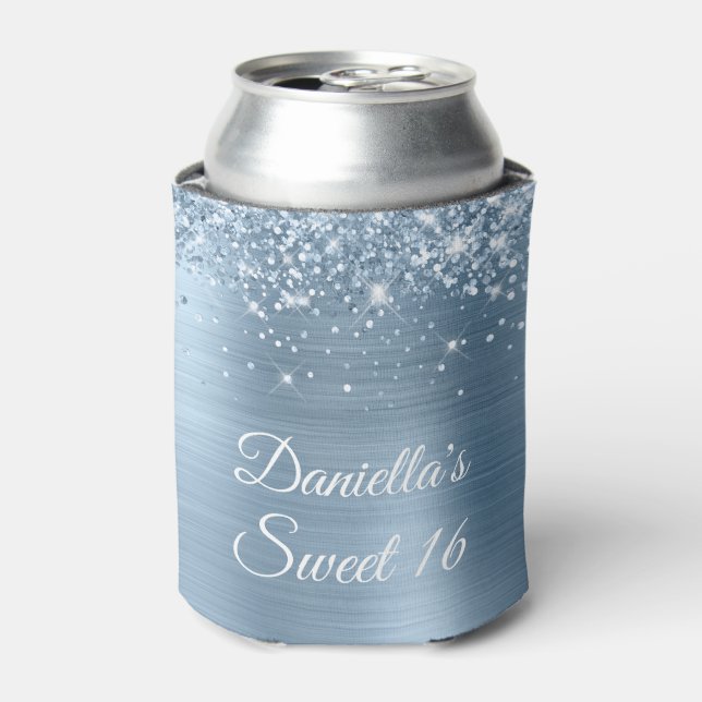 Glittery Light Blue Foil Sweet 16 Can Cooler (Can Front)