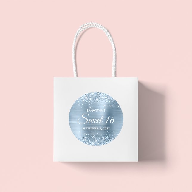Glittery Light Blue Foil Sweet 16 Classic Round Sticker (Large Round Favor Stickers)