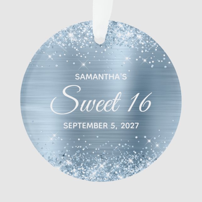 Glittery Light Blue Foil Sweet 16 Ornament (Front)