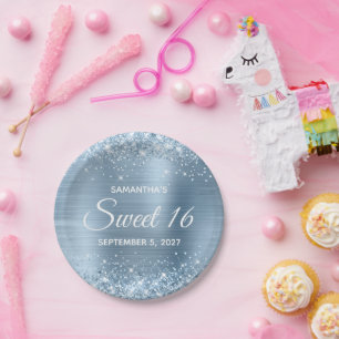 Glittery Light Blue Foil Sweet 16 Paper Plate