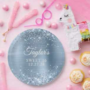 Glittery Light Blue Foil Sweet 16 Paper Plate
