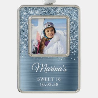 Glittery Light Blue Foil Sweet 16 Photo Silver Plated Framed Ornament