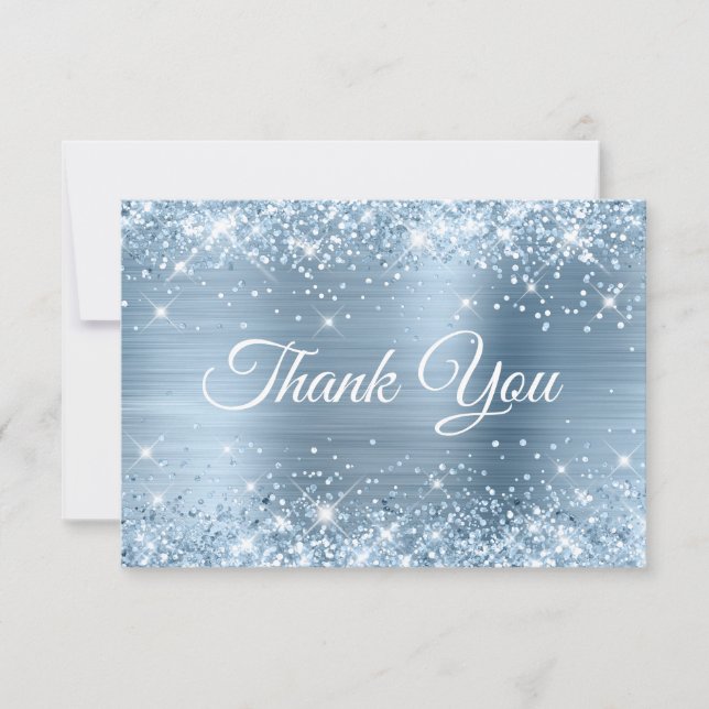Glittery Light Blue Foil Sweet 16 Thank You Card (Front)