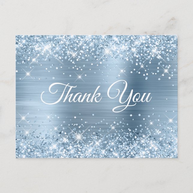 Glittery Light Blue Foil Sweet 16 Thank You Postcard (Front)
