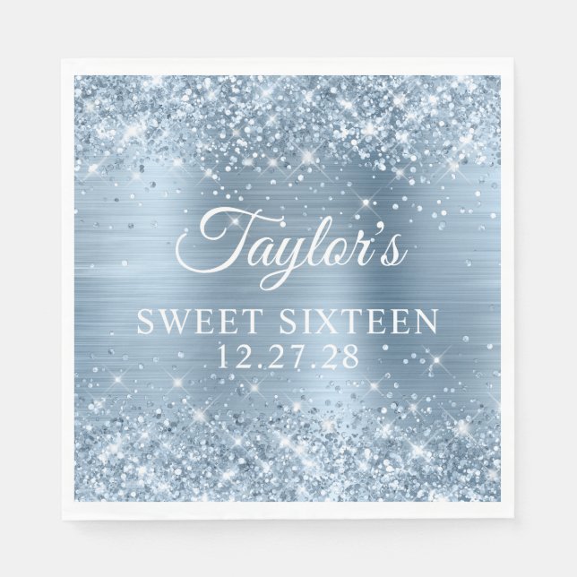 Glittery Light Blue Foil Sweet Sixteen Napkin (Front)