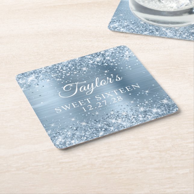 Glittery Light Blue Foil Sweet Sixteen Square Paper Coaster (Angled)