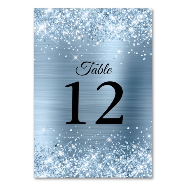Glittery Light Blue Foil Wedding Table Number (Front)