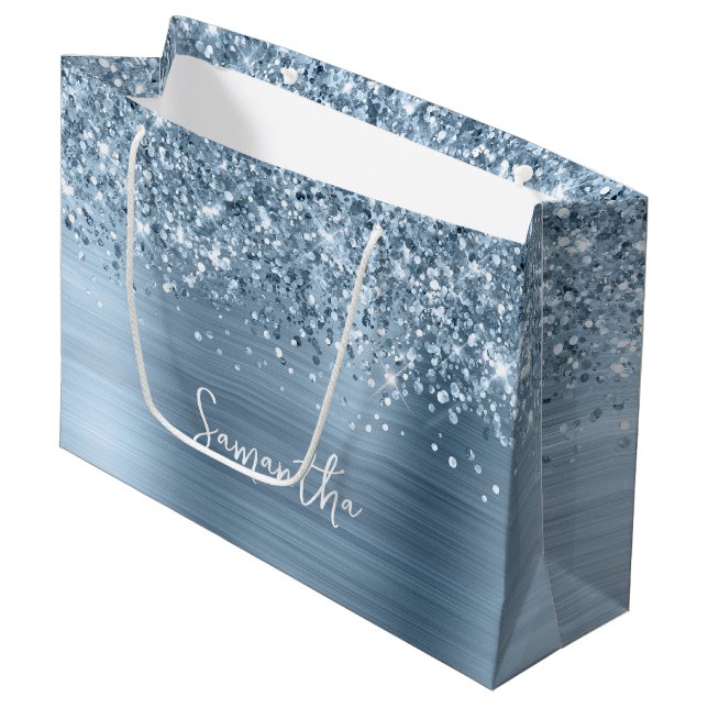 Glittery Light Blue Glam Name Large Gift Bag (Front Angled)