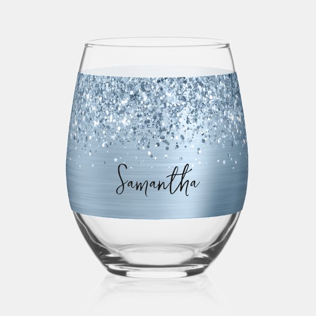 Glittery Light Blue Glam Name Stemless Wine Glass (Front)
