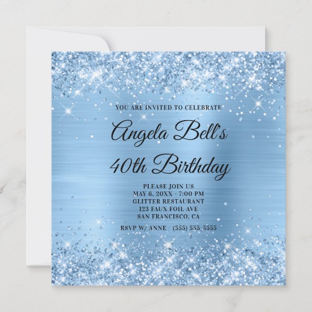 Glittery Light Blue Shimmer Foil Fancy Monogram Invitation (Front)