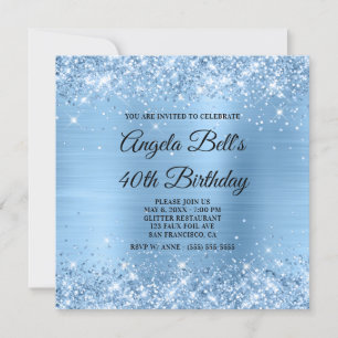 Glittery Light Blue Shimmer Foil Fancy Monogram Invitation
