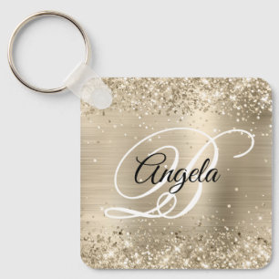 Glittery Light Gold Foil Fancy Monogram Key Ring