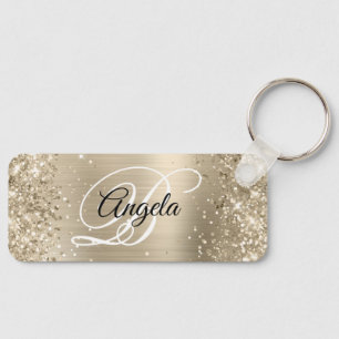 Glittery Light Gold Foil Fancy Monogram Key Ring