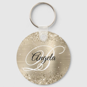 Glittery Light Gold Foil Fancy Monogram Key Ring