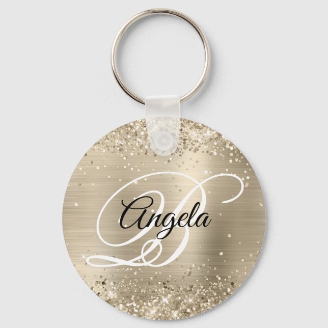 Glittery Light Gold Foil Fancy Monogram Key Ring (Front)