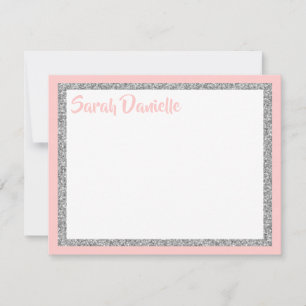 Glittery Light Pink and Silver Thank You Flat Card