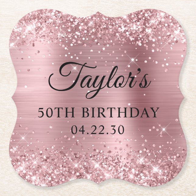 Glittery Light Pink Foil 50th Birthday Paper Coaster (Front)
