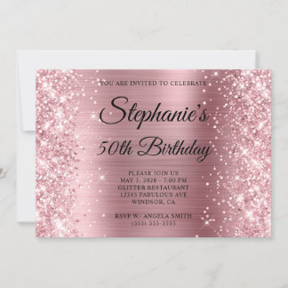 Glittery Light Pink Foil Monogram 50th Birthday Invitation