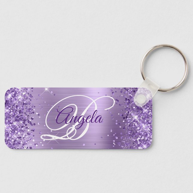 Glittery Light Purple Foil Fancy Monogram Key Ring (Front)