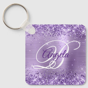 Glittery Light Purple Foil Fancy Monogram Key Ring