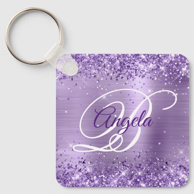 Glittery Light Purple Foil Fancy Monogram Key Ring (Front)