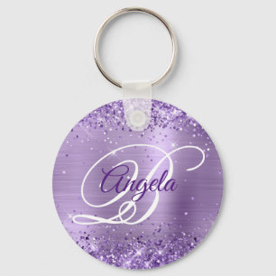 Glittery Light Purple Foil Fancy Monogram Key Ring