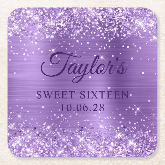 Glittery Light Purple Foil Sweet 16 Square Paper Coaster (Front)