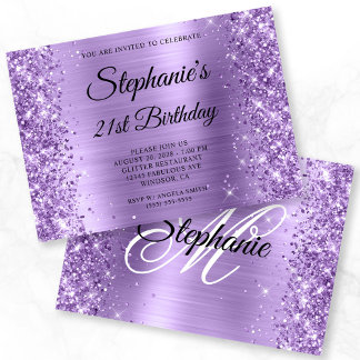Glittery Light Purple Glam Monogram 21st Birthday Invitation