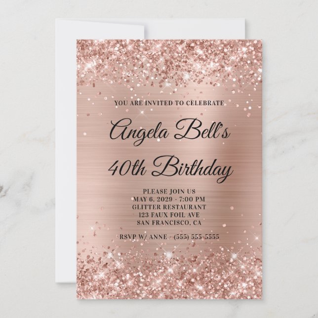 Glittery Light Rose Gold Foil 40th Birthday Invitation (Front)