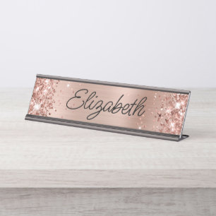 Glittery Light Rose Gold Foil Monoline Script Desk Name Plate