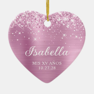 Glittery Light Rose Pink Foil Mis XV Anos Photo Ceramic Tree Decoration