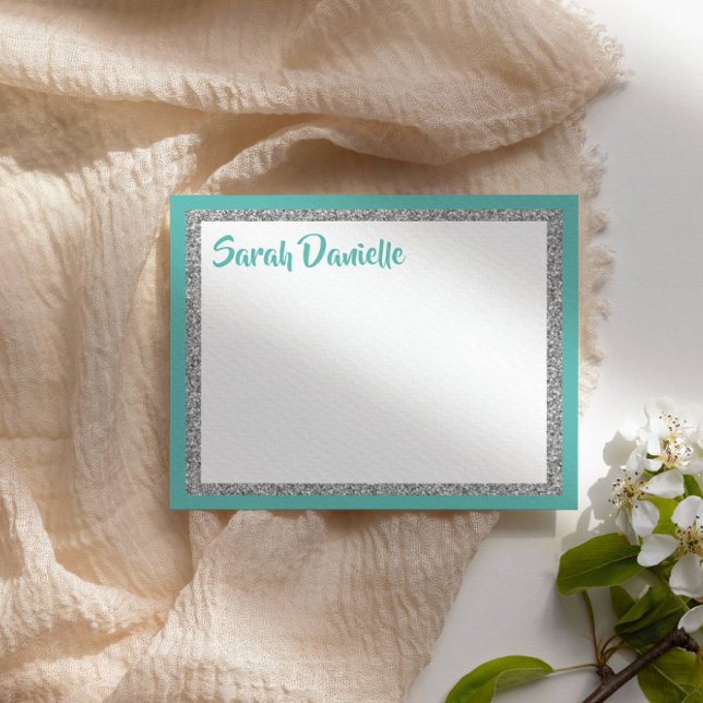 Glittery Light Teal and Silver Thank You Flat Card (Creator Uploaded)