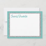 Glittery Light Teal and Silver Thank You Flat Card<br><div class="desc">This trendy flat card features bold lettering on the front with a layered look in silver glitter and white,  and a solid coloured background. Add your text using the template form. Change the font,  layout and colours using the Customise feature.</div>