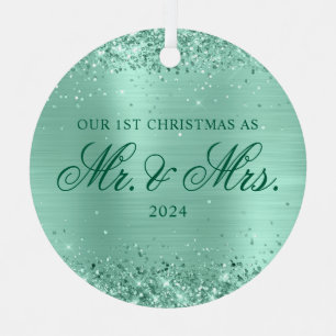 Glittery Light Teal Foil Our 1st Christmas Photo Metal Tree Decoration