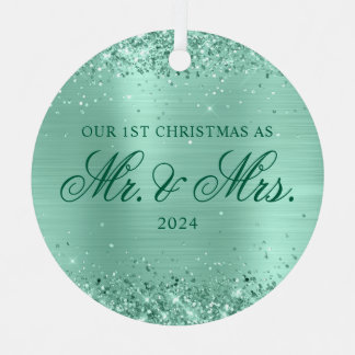 Glittery Light Teal Foil Our 1st Christmas Photo Metal Tree Decoration