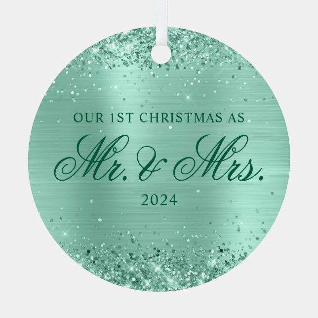 Glittery Light Teal Foil Our 1st Christmas Photo Metal Tree Decoration (Front)