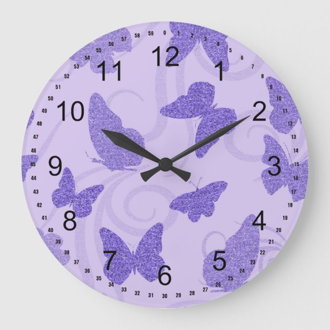 Glittery Lilac Butterflies Large Clock (Front)