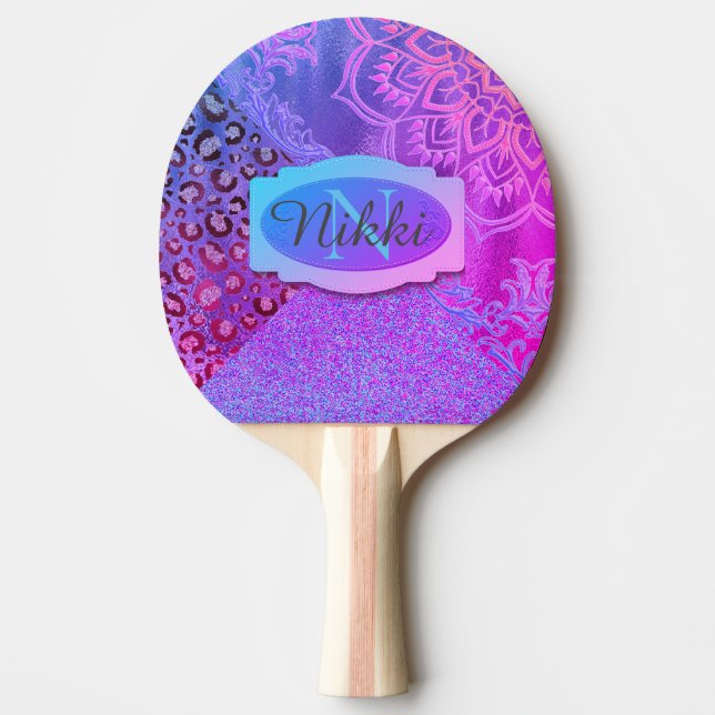 Glittery Lotus Leopard Monogram  Ping Pong Paddle (Front)