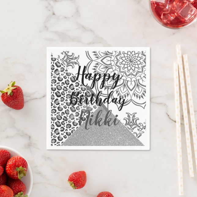 Glittery Mandala Leopard Personalised Birthday     Napkin (Insitu)